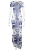 Figure Sexy Print Patchwork O Neck Pencil Skirt Dresses