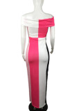 Rose Red Casual Color Lump Print Patchwork Off the Shoulder Sheath Dresses
