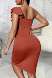 Burgundy Sexy Solid Flounce One Shoulder Pencil Skirt Dresses