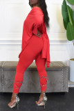 Red Casual Solid Patchwork Asymmetrical V Neck Half Sleeve Two Pieces