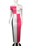 Rose Red Casual Color Lump Print Patchwork Off the Shoulder Sheath Dresses