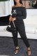Black Fashion Sexy Print Letter Off the Shoulder Jumpsuits