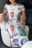 Figure Sexy Print Patchwork O Neck Pencil Skirt Dresses