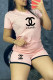 Light Pink Fashion Casual Print Letter O Neck Short Sleeve Two Pieces
