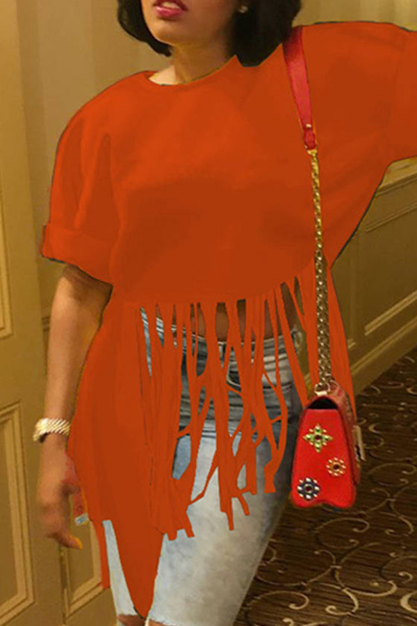 Orange Fashion Casual Solid Tassel Patchwork Asymmetrical O Neck T-Shirts