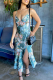 Blue Sexy Print Patchwork Spaghetti Strap Trumpet Mermaid Dresses