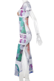 Figure Sexy Print Patchwork O Neck Pencil Skirt Dresses