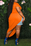 Tangerine Red Casual Solid Bandage Hollowed Out Patchwork Asymmetrical Off the Shoulder Plus Size Tops