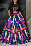 Black Fashion Print Patchwork O Neck Short Sleeve Two Pieces