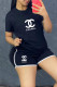 Black Fashion Casual Print Letter O Neck Short Sleeve Two Pieces