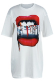 White Fashion Lips Printed Patchwork O Neck Straight Dresses
