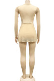 Apricot Sexy Solid Patchwork See-through Square Collar Long Sleeve Two Pieces