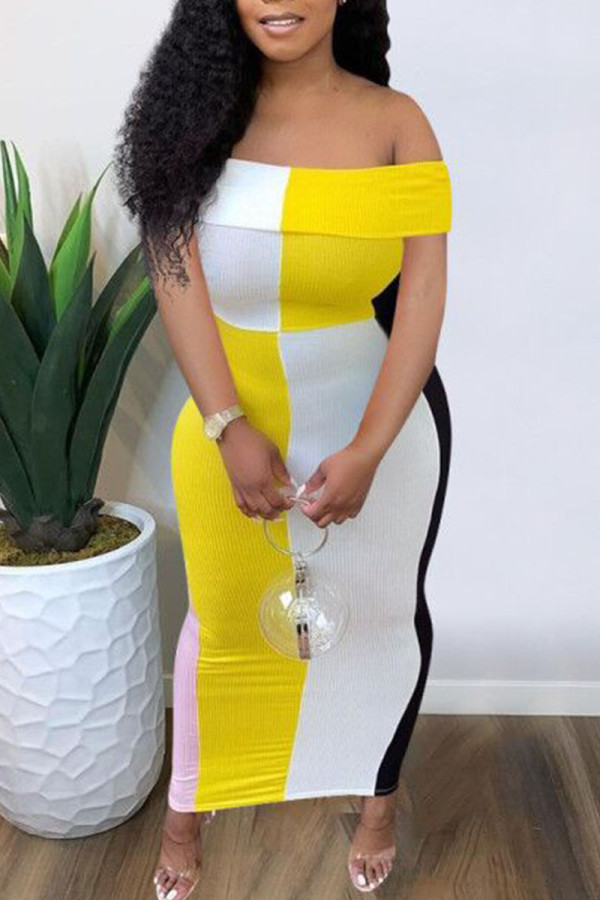 Yellow Casual Color Lump Print Patchwork Off the Shoulder Sheath Dresses