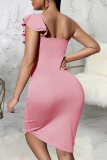 Pink Sexy Solid Flounce One Shoulder Pencil Skirt Dresses