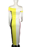 Rose Red Casual Color Lump Print Patchwork Off the Shoulder Sheath Dresses