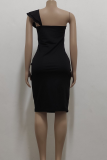 Black Sexy Solid Flounce One Shoulder Pencil Skirt Dresses