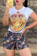 Yellow Fashion Casual Print Patchwork O Neck Short Sleeve Two Pieces