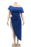 Blue Casual Solid Bandage Hollowed Out Patchwork Asymmetrical Off the Shoulder Plus Size Tops