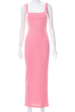 Pink Fashion Solid Patchwork Square Collar Pencil Skirt Dresses