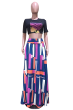Black Fashion Print Patchwork O Neck Short Sleeve Two Pieces