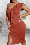Burgundy Sexy Solid Flounce One Shoulder Pencil Skirt Dresses