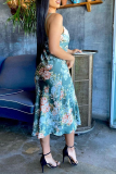 Blue Sexy Print Patchwork Spaghetti Strap Trumpet Mermaid Dresses