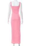 Pink Fashion Solid Patchwork Square Collar Pencil Skirt Dresses