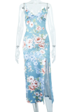 Blue Sexy Print Patchwork Spaghetti Strap Trumpet Mermaid Dresses