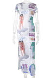 Figure Sexy Print Patchwork O Neck Pencil Skirt Dresses