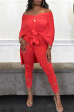 Red Casual Solid Patchwork Asymmetrical V Neck Half Sleeve Two Pieces