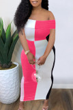 Rose Red Casual Color Lump Print Patchwork Off the Shoulder Sheath Dresses