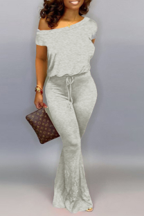 Grey Casual Solid Split Joint One Shoulder Boot Cut Jumpsuits