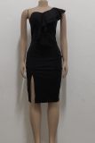 Black Sexy Solid Flounce One Shoulder Pencil Skirt Dresses