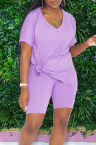 Light Purple Casual Solid Patchwork V Neck Short Sleeve Two Pieces