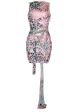 Pink Sexy Leopard Patchwork O Neck Pencil Skirt Dresses
