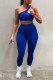 Blue Casual Sportswear Solid Patchwork Oblique Collar Two Pieces