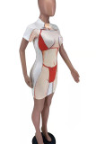 Red Sexy Print Patchwork O Neck Straight Dresses