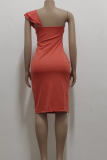 Pink Sexy Solid Flounce One Shoulder Pencil Skirt Dresses