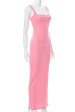 Pink Fashion Solid Patchwork Square Collar Pencil Skirt Dresses