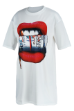White Fashion Lips Printed Patchwork O Neck Straight Dresses