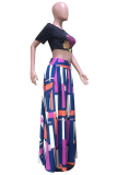 Black Fashion Print Patchwork O Neck Short Sleeve Two Pieces