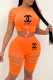 Orange Fashion Casual Print Ripped O Neck Short Sleeve Two Pieces