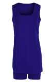 Colorful Blue Casual Solid Slit Square Collar Sleeveless Two Pieces