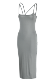 Grey Sexy Solid Split Joint Spaghetti Strap Pencil Skirt Dresses