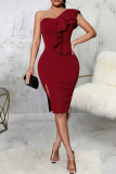 Blue Sexy Solid Flounce One Shoulder Pencil Skirt Dresses