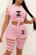 Pink Fashion Casual Print Ripped O Neck Short Sleeve Two Pieces