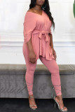 Red Casual Solid Patchwork Asymmetrical V Neck Half Sleeve Two Pieces