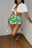 Golden Yellow Casual Print Bandage Patchwork Turndown Collar Short Sleeve Two Pieces