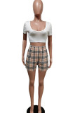 White Casual Patchwork Print Patchwork U Neck Short Sleeve Two Pieces