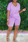 Light Purple Casual Solid Patchwork V Neck Short Sleeve Two Pieces